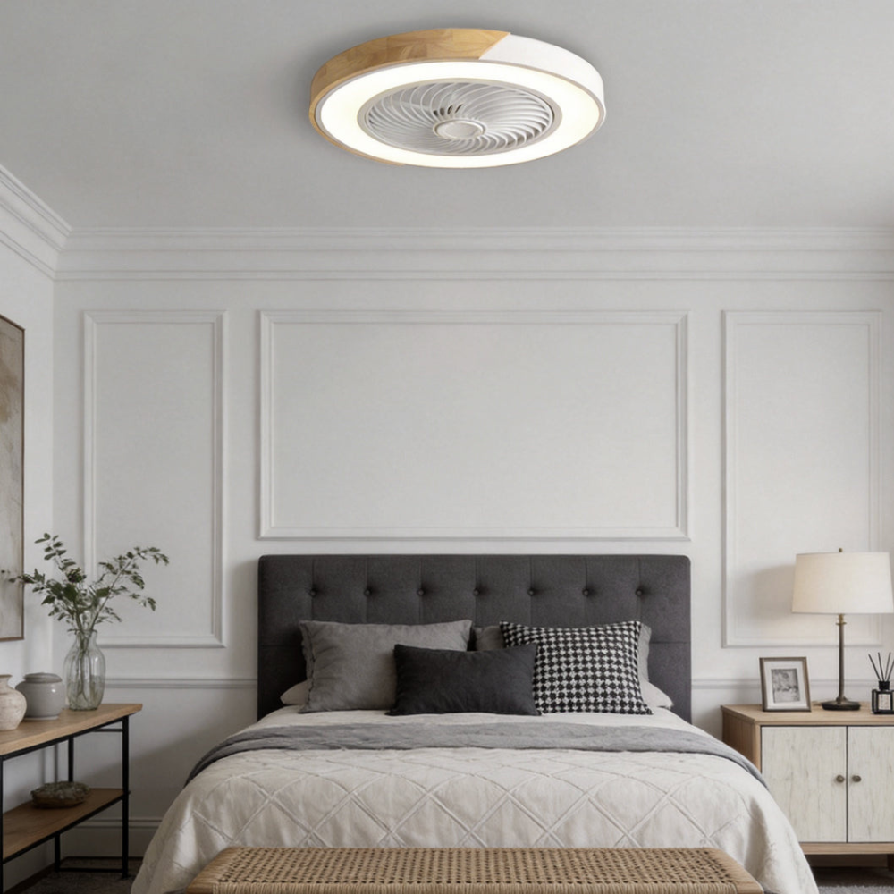Flush Mount Ceiling Fan with Light and Wood Accents - Scandinavian Style