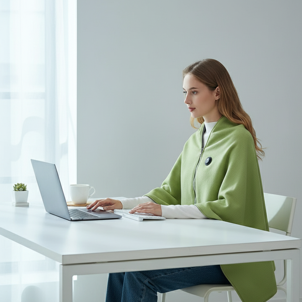 Woman at a desk wearing the Abbraccio sage-green heated shoulder wrap