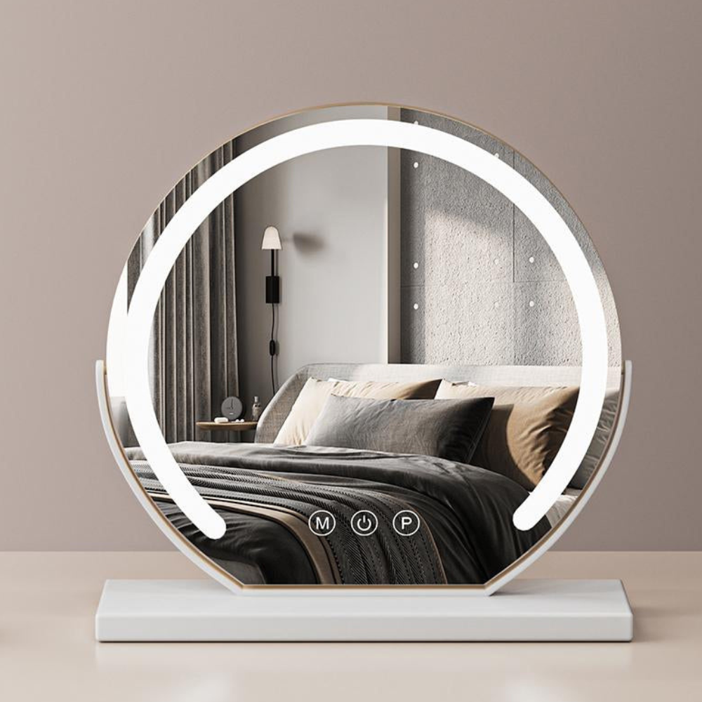 Bella Luce white lighted vanity mirror on a bright vanity
