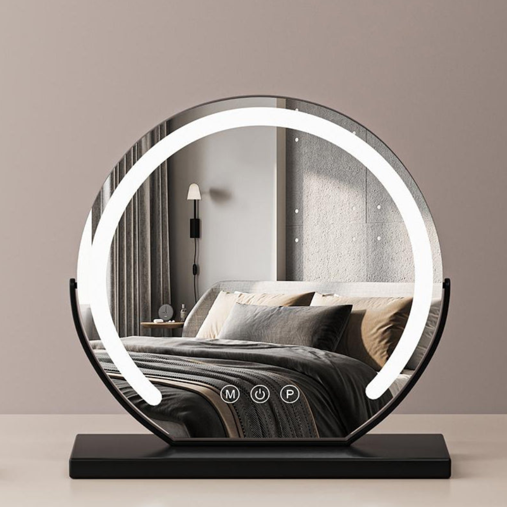 Bella Luce black lighted vanity mirror on a modern vanity