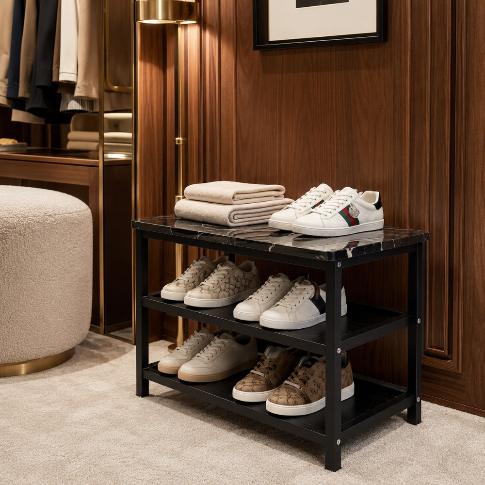 Modern Minimalist Shoe Rack - 2-Tier Shoe Storage Organizer in Wood & Steel