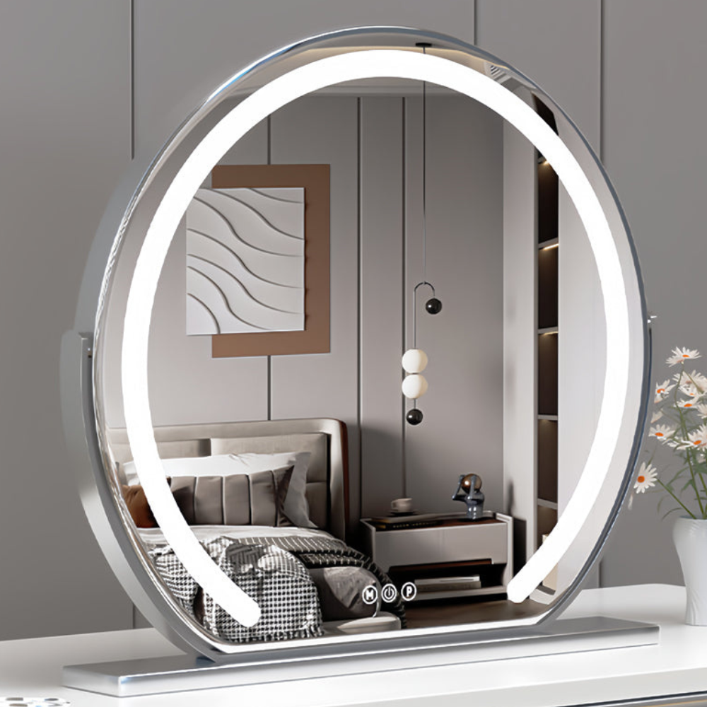 Bella Luce silver lighted vanity mirror in a bright bedroom