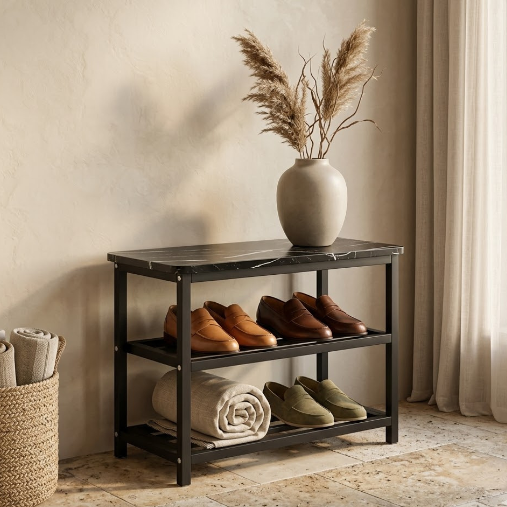 Modern Minimalist Shoe Rack - 2-Tier Shoe Storage Organizer in Wood & Steel