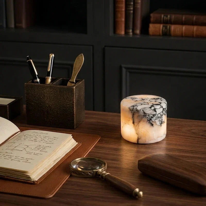 Pietra Lunare marble lamp on a writing desk with journal and books
