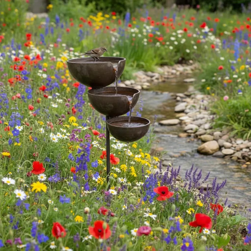 Cascata Serena tiered bird bath beside a stream in a wildflower meadow