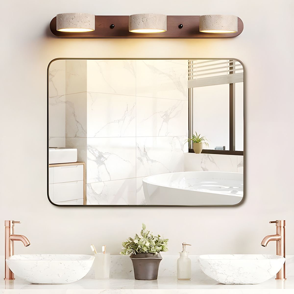 Lucenza Travertine Wall Light - walnut 3-light above a marble bathroom mirror