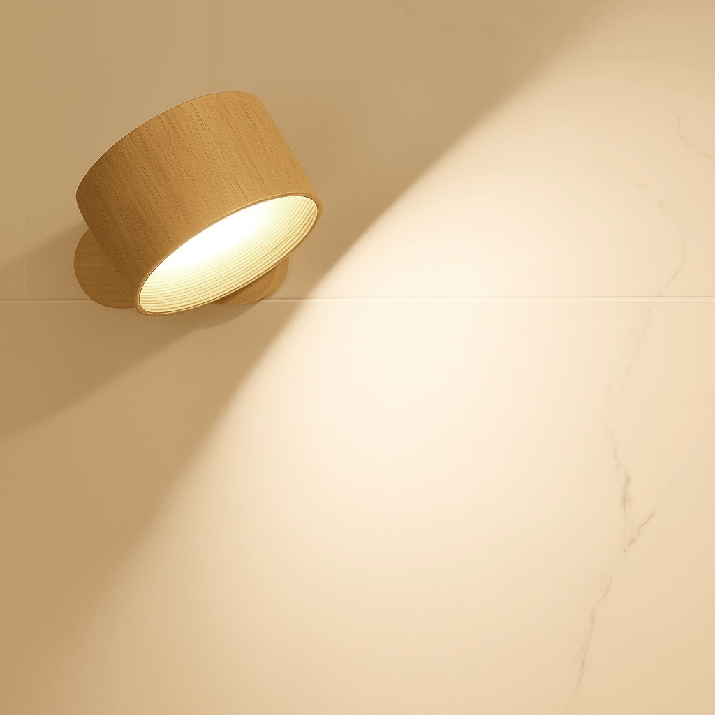 Oak Aura wall light glowing softly against a marble wall