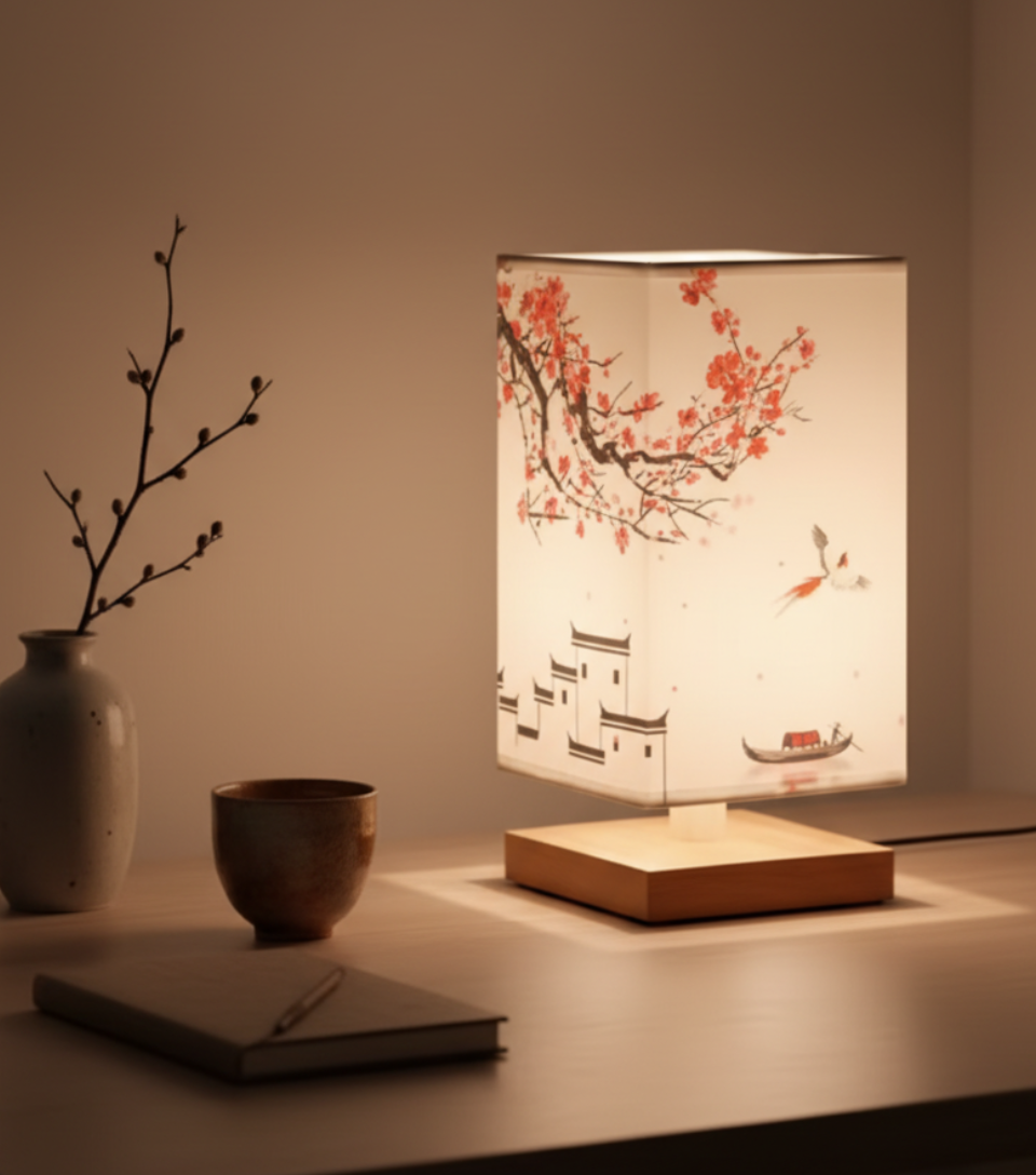 Velura bamboo table lamp red blossom shade glowing beside a vase