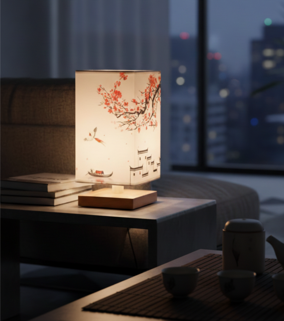 Velura bamboo table lamp red blossom shade on a bedroom nightstand