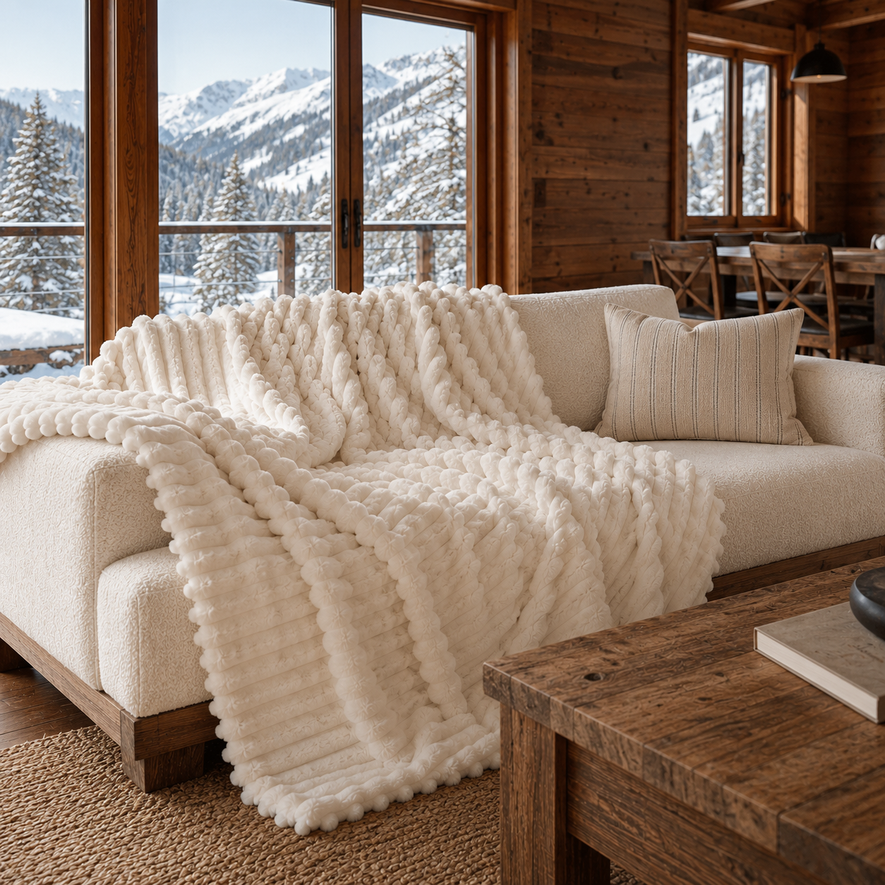 Ivory white Piuma Reale plush throw draped over a boucle sofa with a mountain view