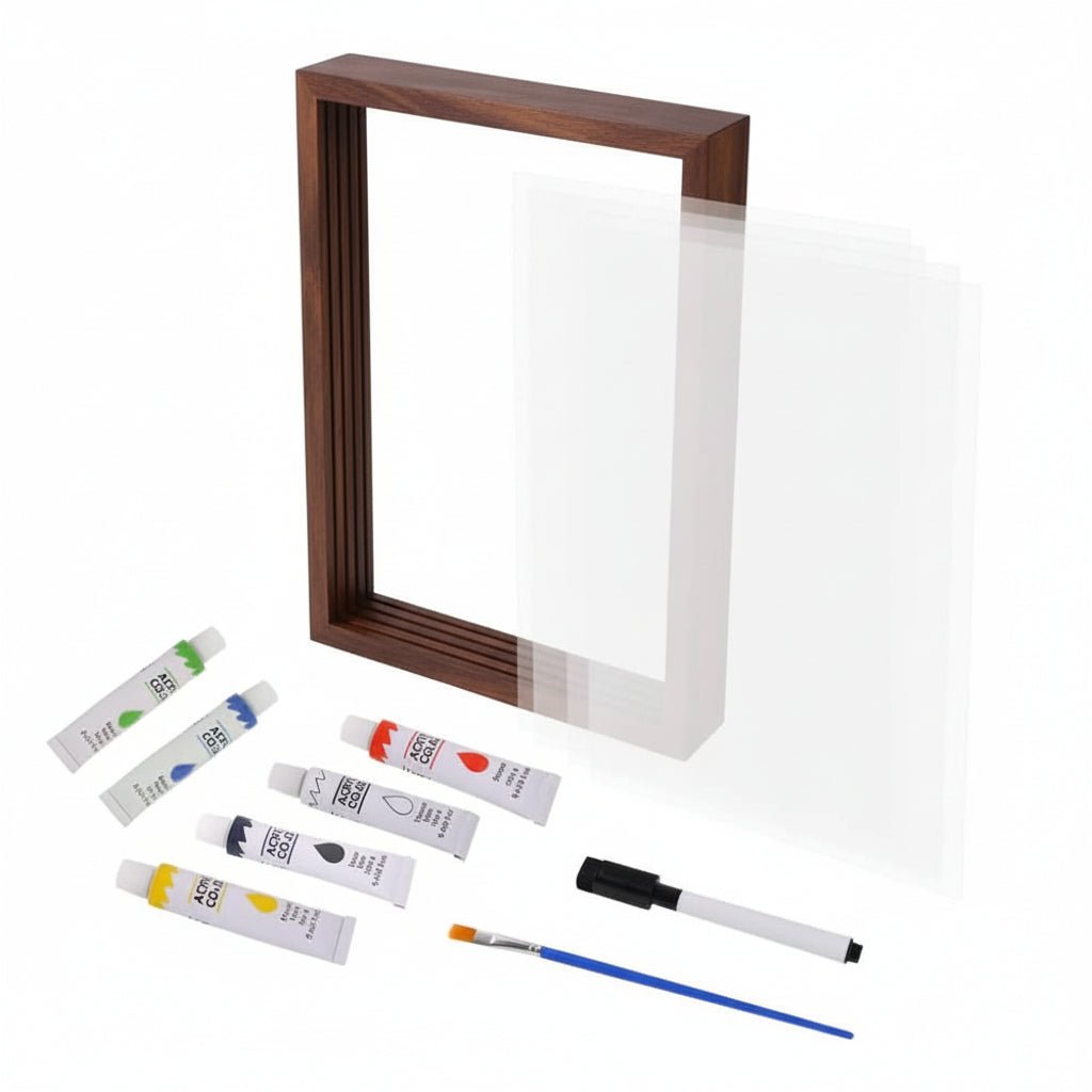 What's in the box: frame, glass sheets, paint tubes and brush