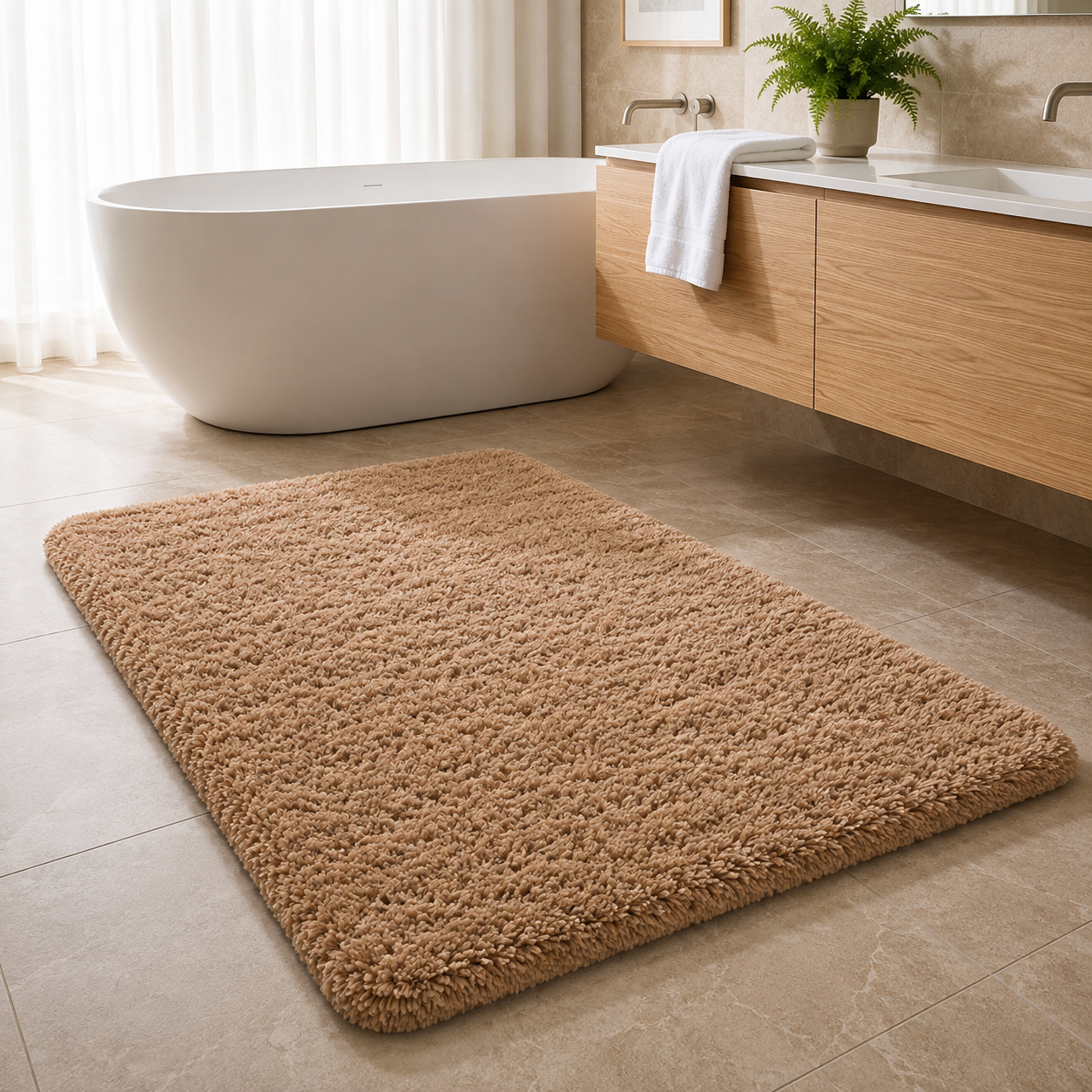 Soffice Lusso plush shag bath rug in Khaki in a bright bathroom