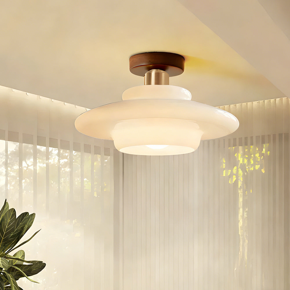 Plafondlamp Walnoot Hout Glas Scandinavisch E27 Hal Gang Keuken Eetkamer Nordic Naturel Koper | Sansoti
