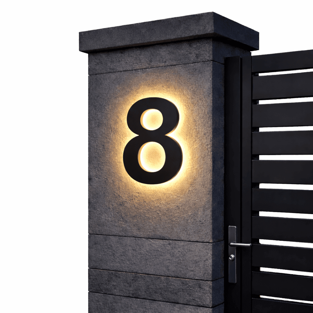 Illuminated house number 8 - black with warm LED halo