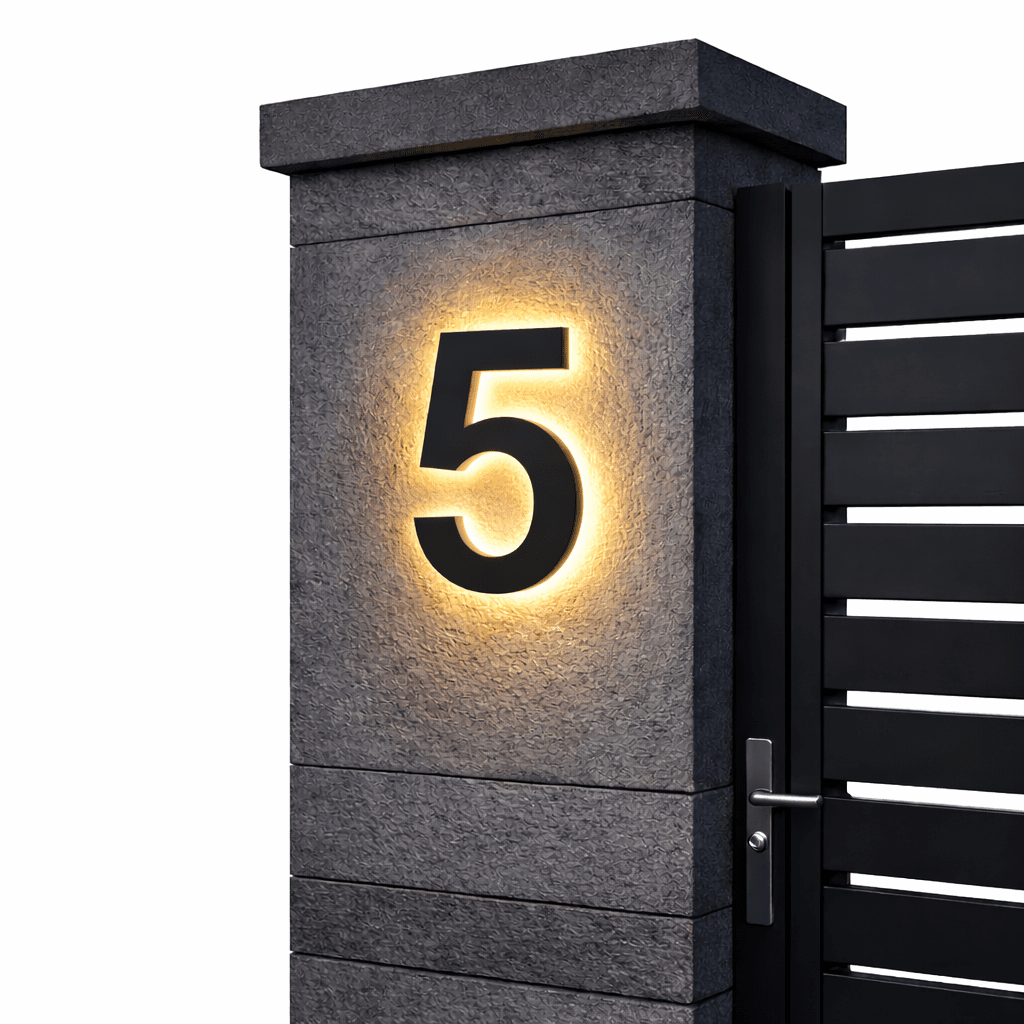 Illuminated house number 5 - black with warm LED halo
