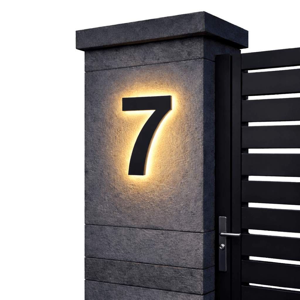 Illuminated house number 7 - black with warm LED halo