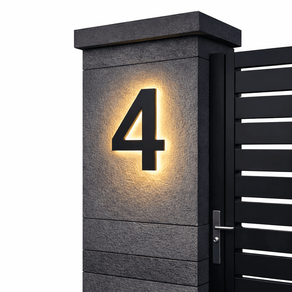 Illuminated house number 4 - black with warm LED halo
