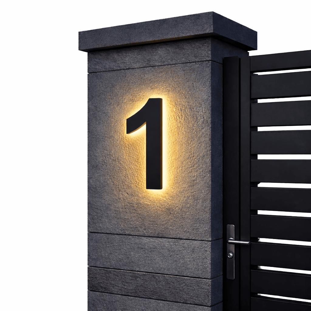 Illuminated house number 1 - black with warm LED halo
