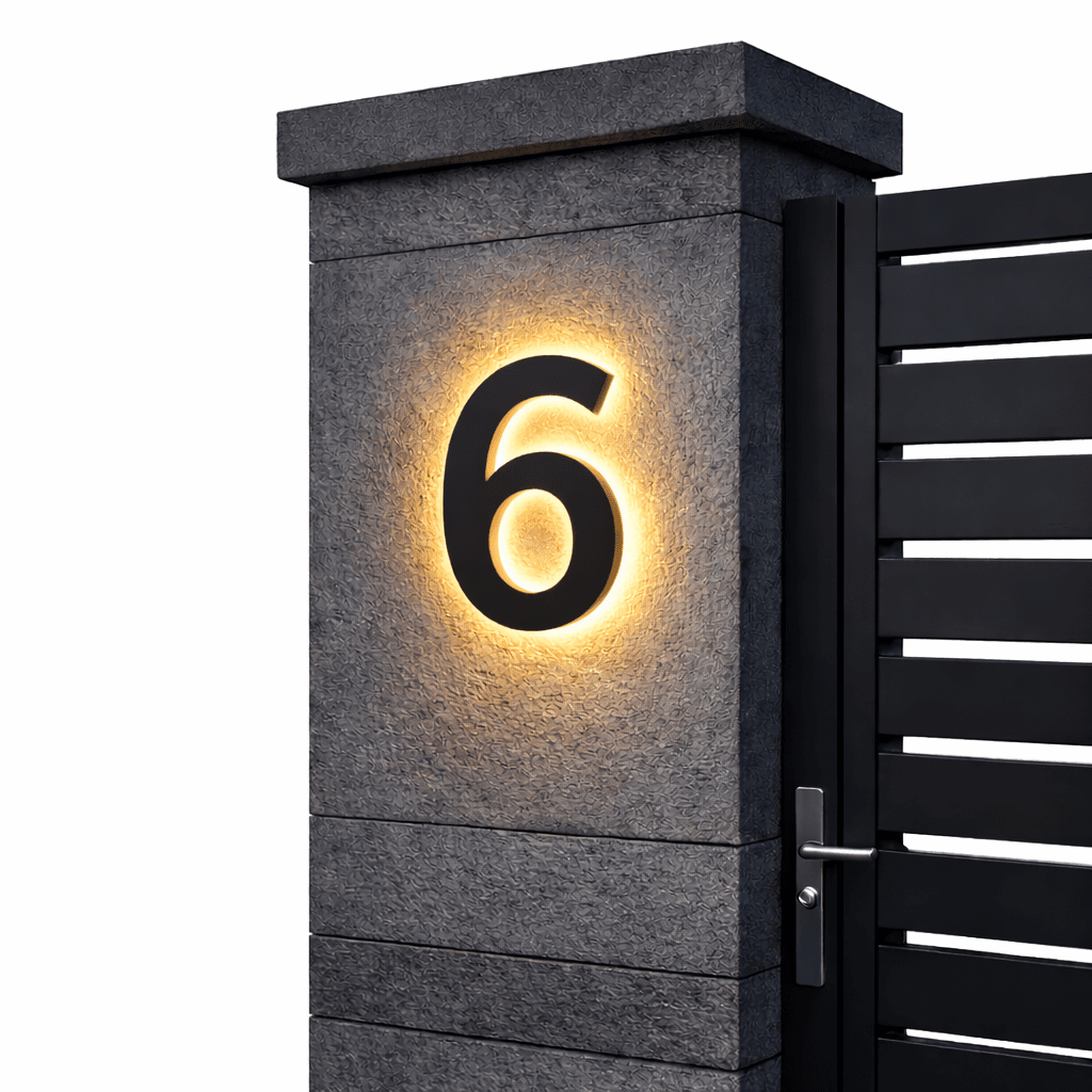 Illuminated house number 6 - black with warm LED halo