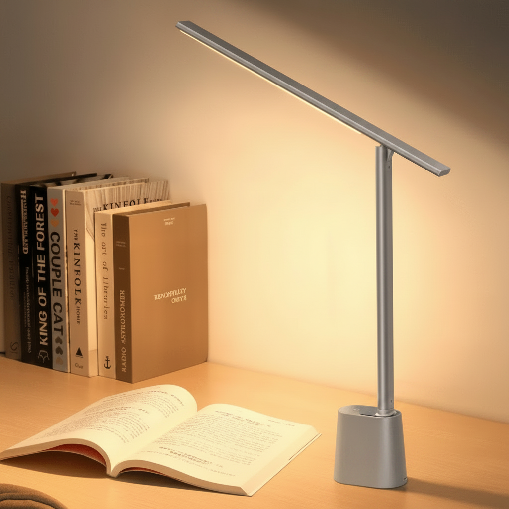 Foldable LED desk lamp - gray on a desk with books