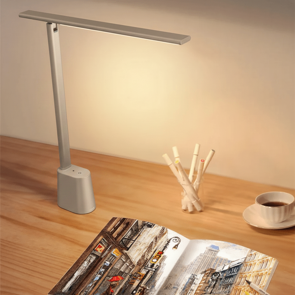 Foldable LED desk lamp - white on a desk with coffee