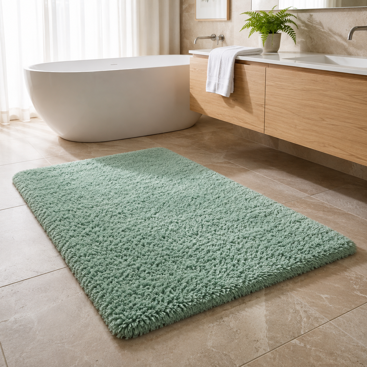 Soffice Lusso plush shag bath rug in Light Green in a bright bathroom