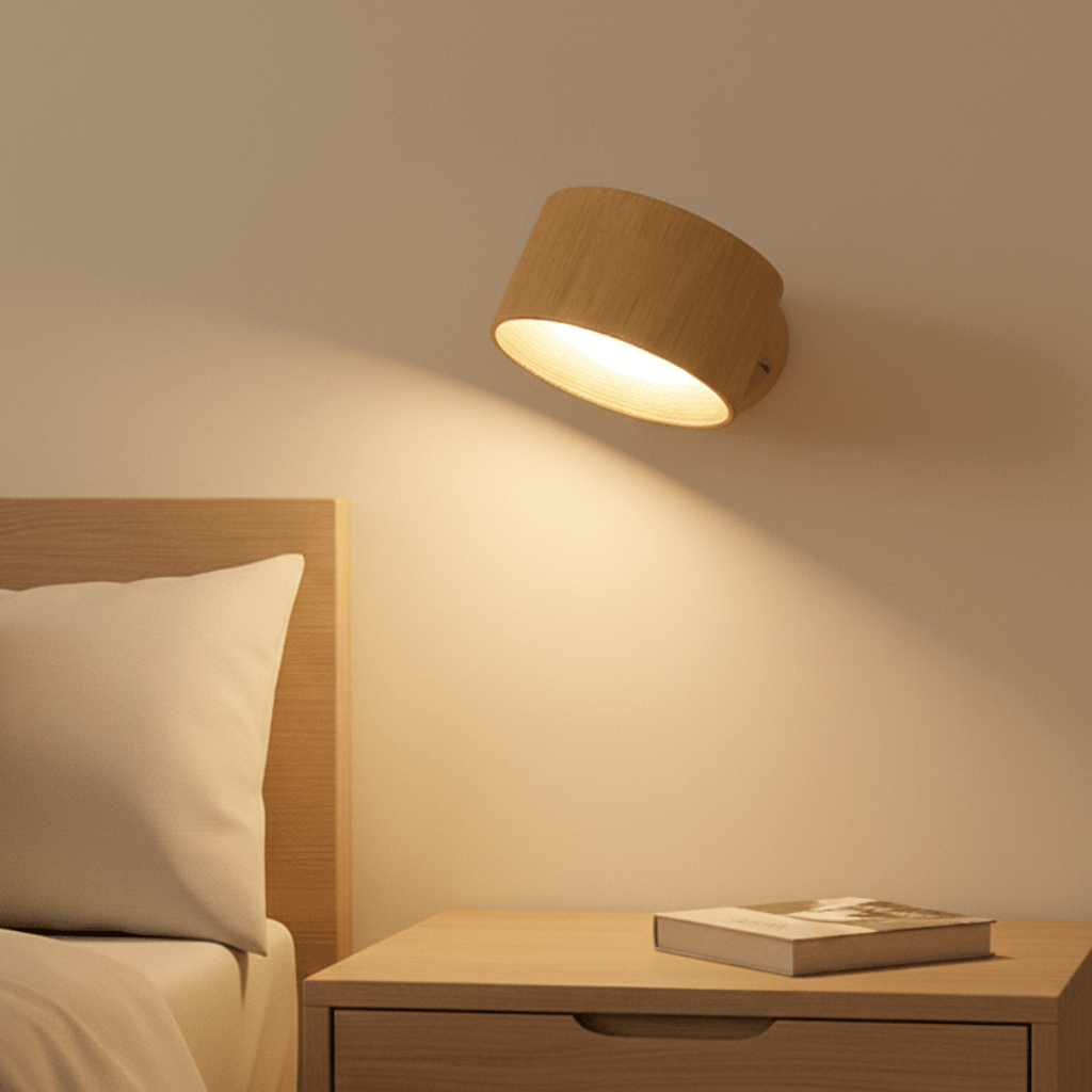 Oak Aura cordless wall light mounted in a calm bedroom