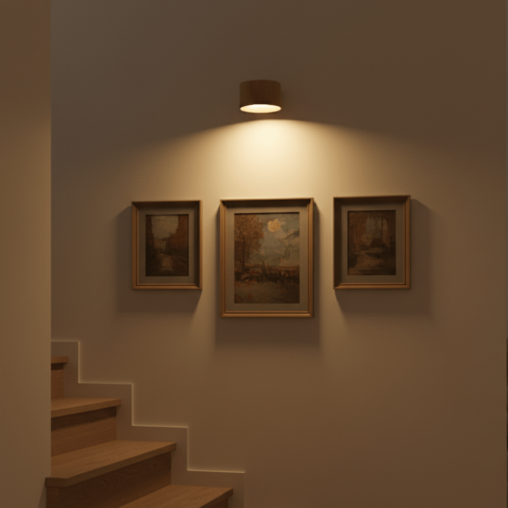 Oak Aura wall light illuminating framed stairwell artwork