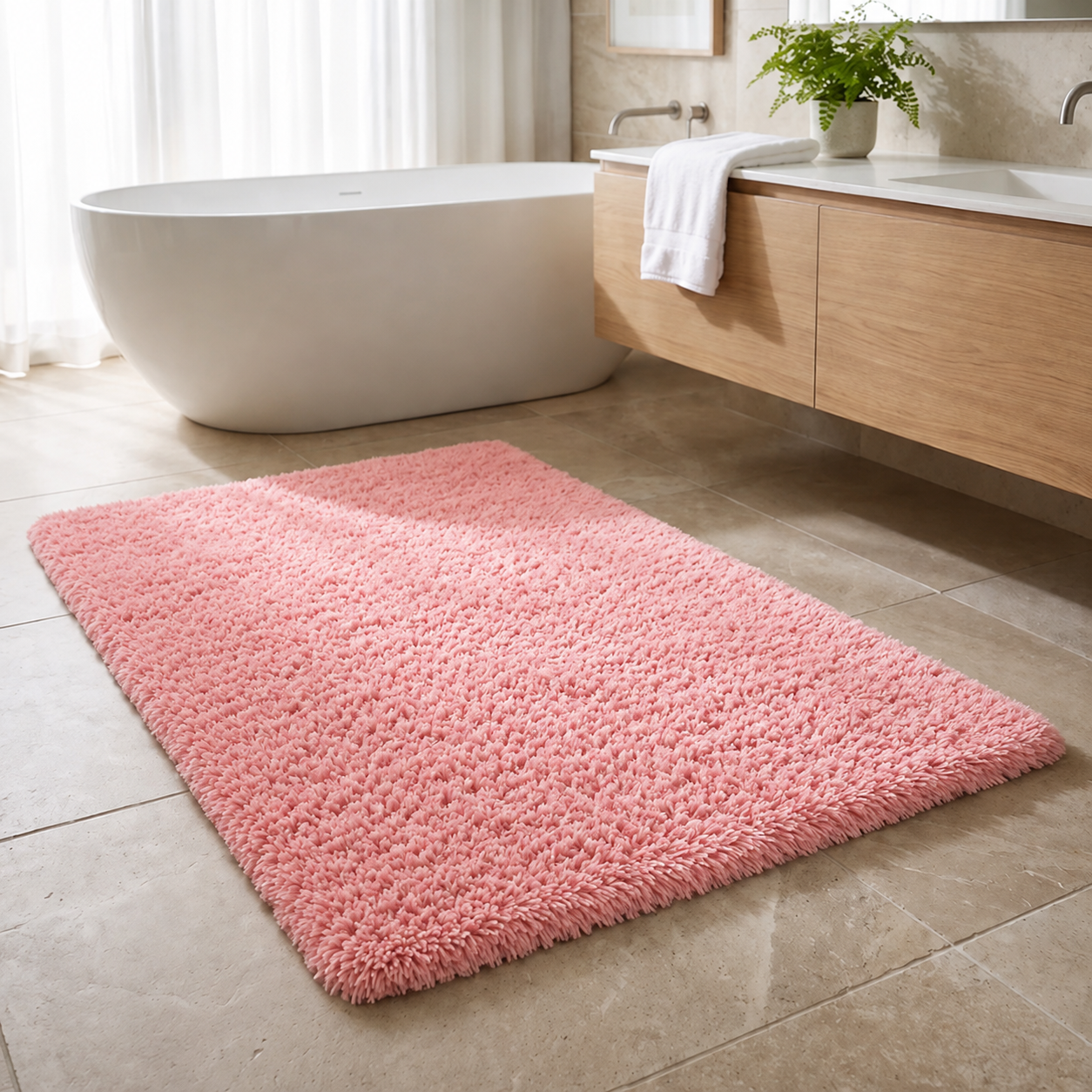 Soffice Lusso plush shag bath rug in Pink in a bright bathroom