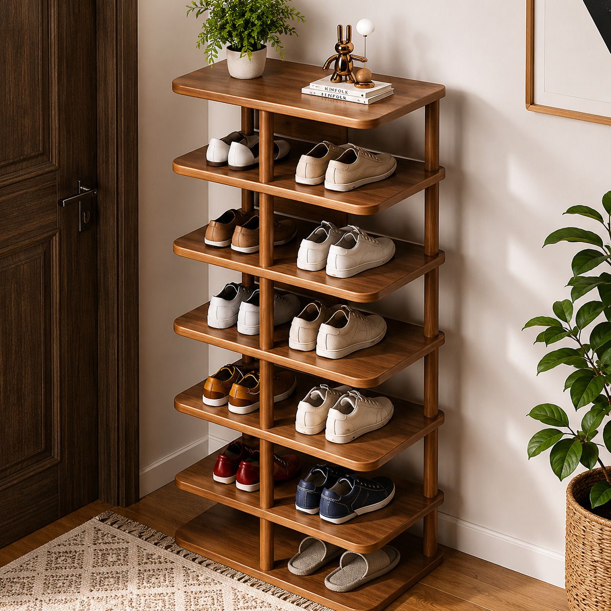 6/7 Tier Entryway Shoe Organizer - Minimalist PVC and Wood Design