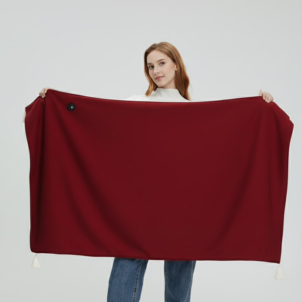 Abbraccio heated wrap unfolded, showing its full shape and USB control