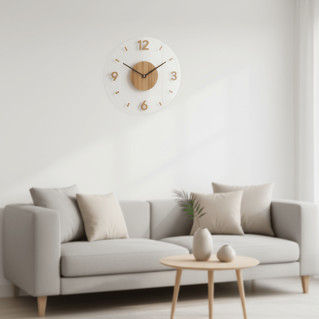 Scandinavian wooden wall clock above a grey sofa in a bright living room