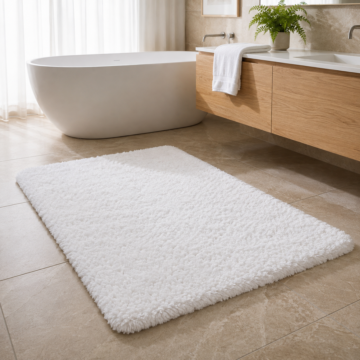 Soffice Lusso plush shag bath rug in White in a bright bathroom