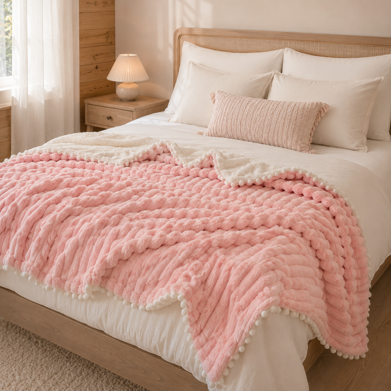 Blush pink Piuma Reale plush throw on a bed in a bright neutral bedroom
