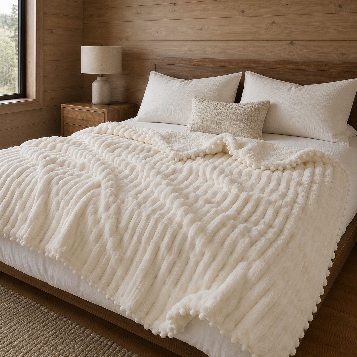 Ivory white Piuma Reale plush throw on a bed in a bright chalet bedroom