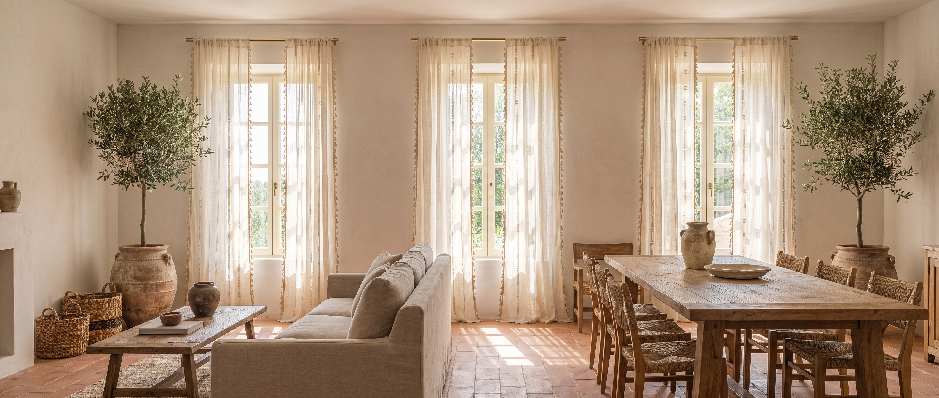 Brezza sheer tassel curtains across a Mediterranean villa living and dining room