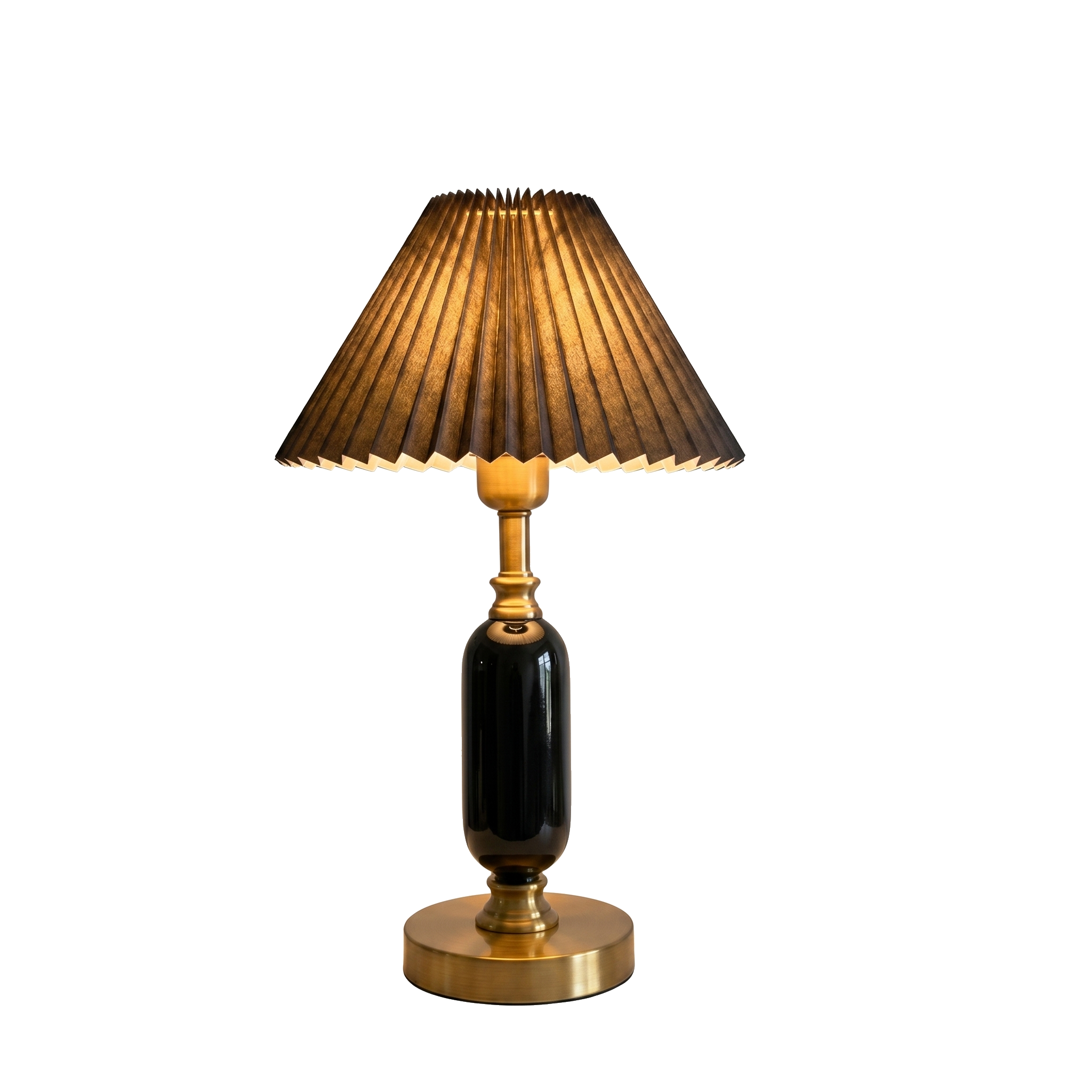 Camelia pleated table lamp, black shade and base, on white