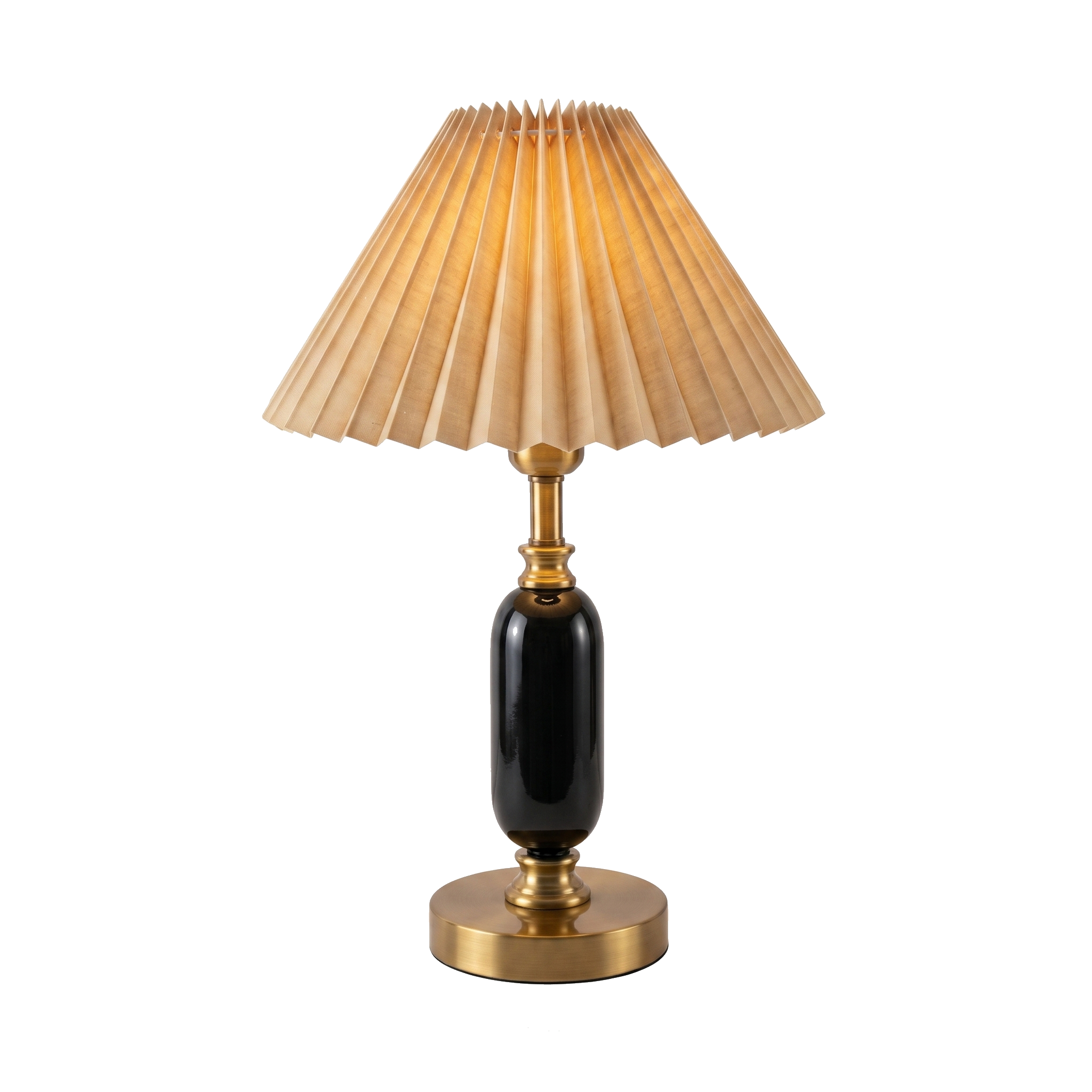 Camelia pleated table lamp, khaki shade, on white