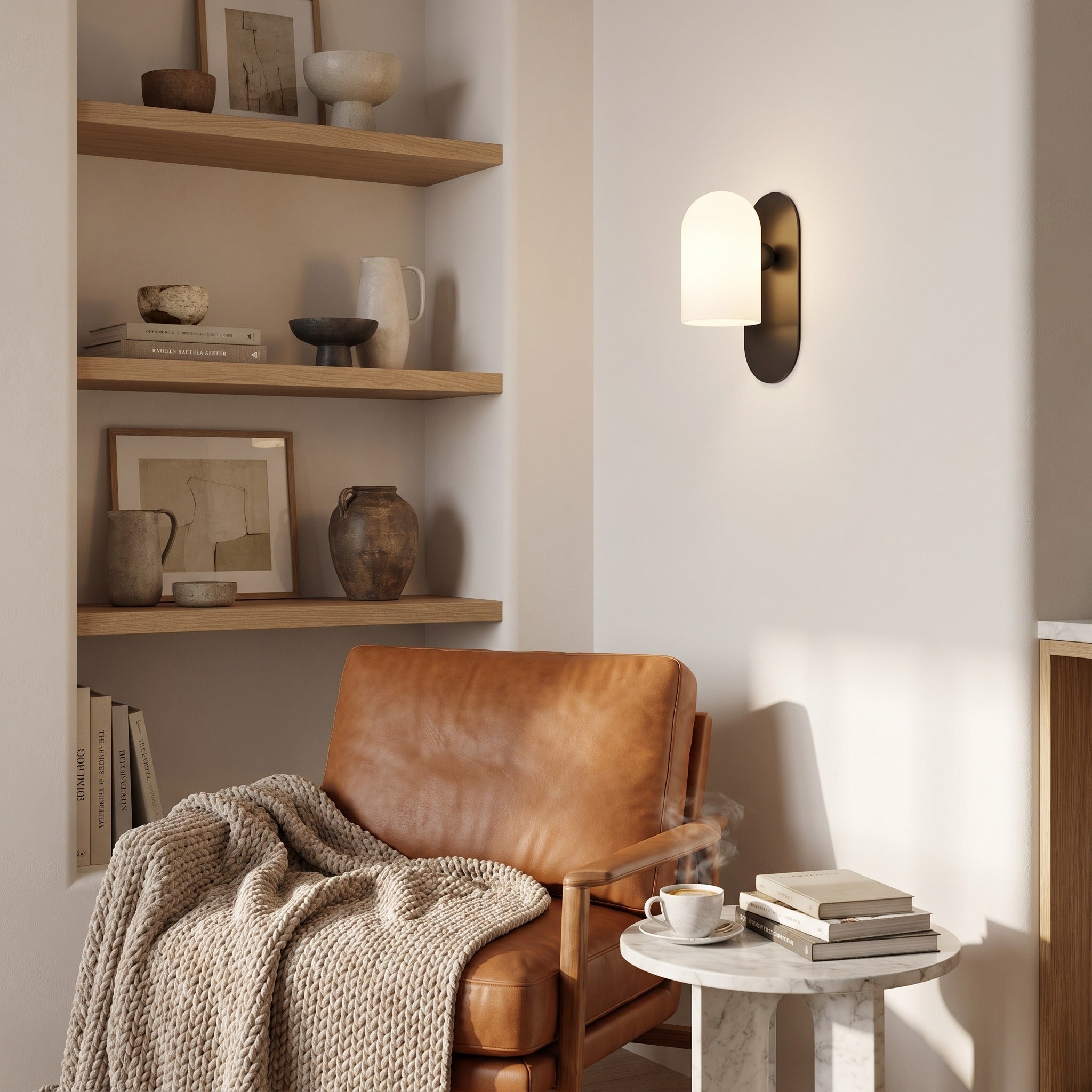 Capsula Opalina gunmetal wall sconce above a cognac leather lounge chair