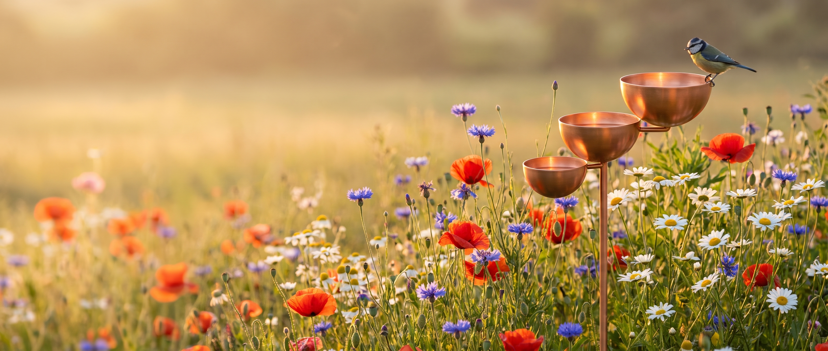 Copper bird bath in a golden-hour wildflower meadow with a songbird
