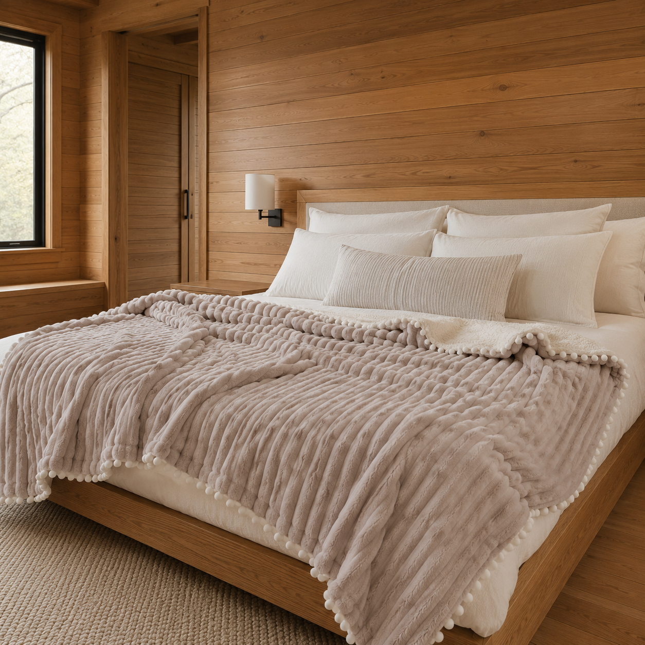Light brown Piuma Reale plush throw on a bed in a warm chalet bedroom