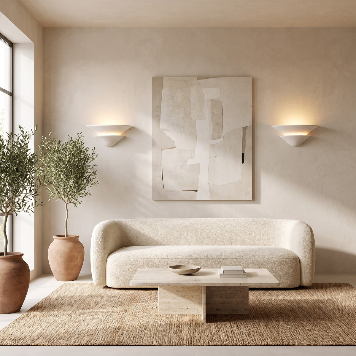 Pair of Coppa Serena alabaster wall sconces either side of abstract art above a boucle sofa