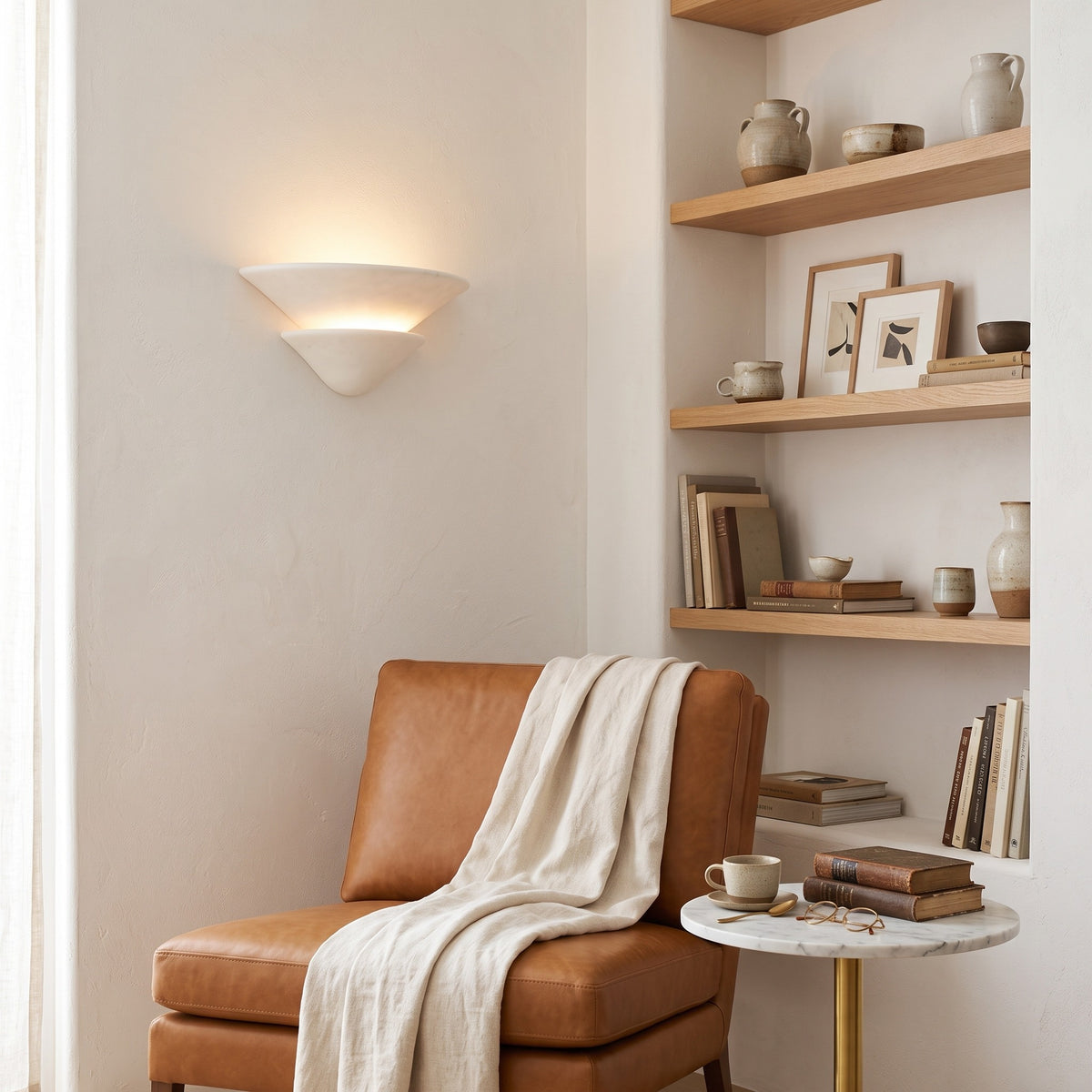 Coppa Serena alabaster wall sconce above a leather lounge chair in a reading nook