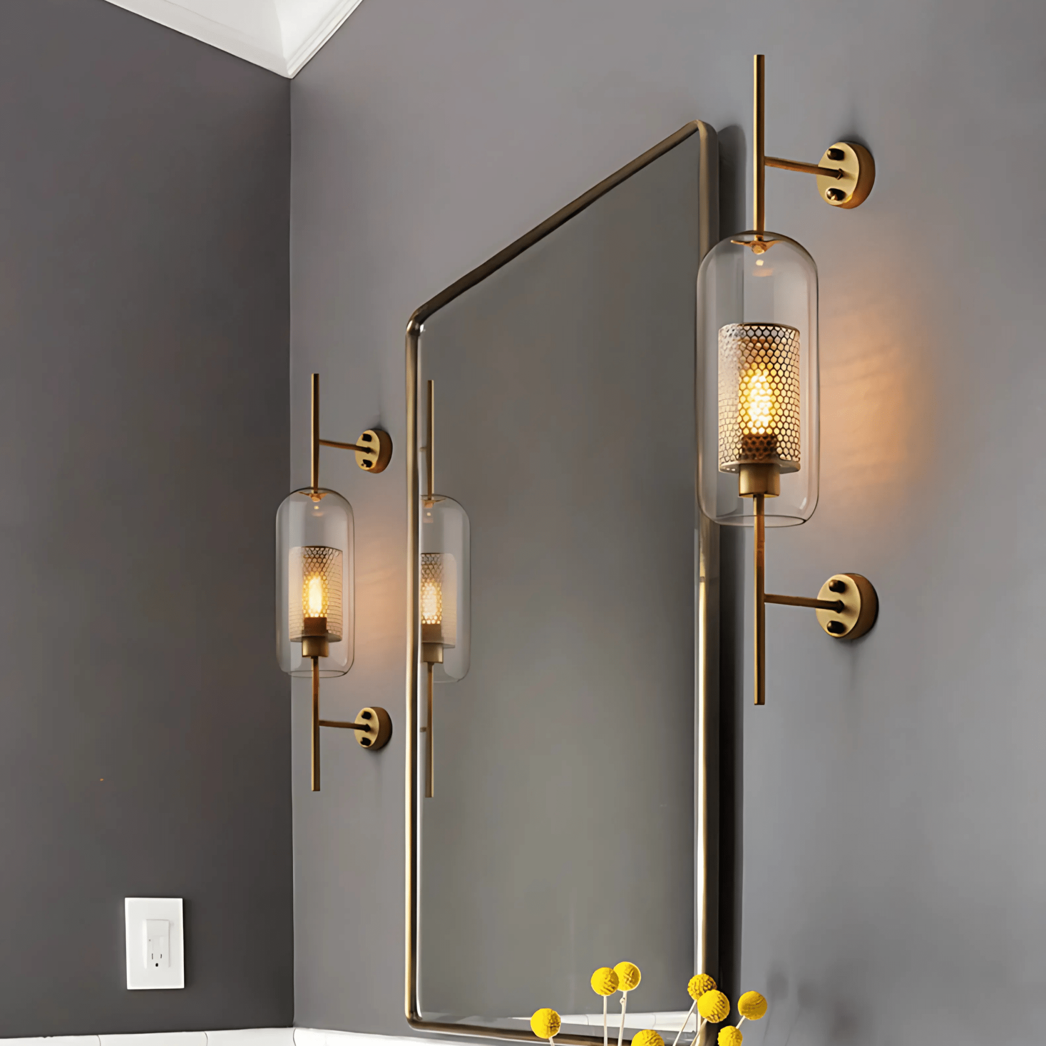 Alba Glass Wall Light - cylinder pair flanking a wall mirror