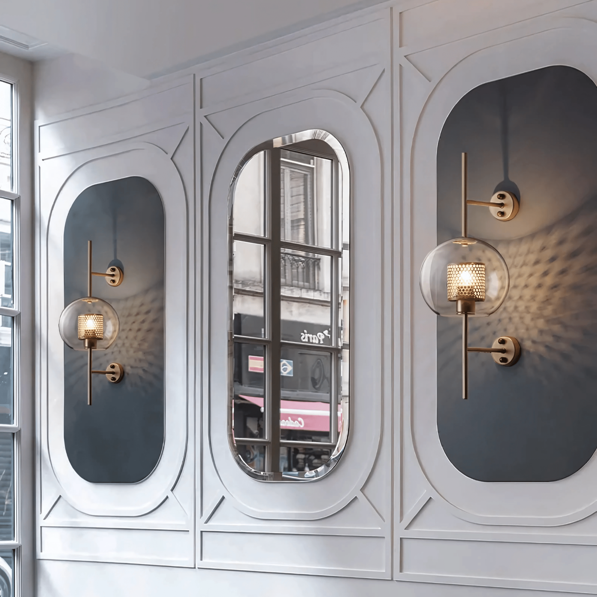 Alba Glass Wall Light - globe pair on a panelled wall beside a mirror