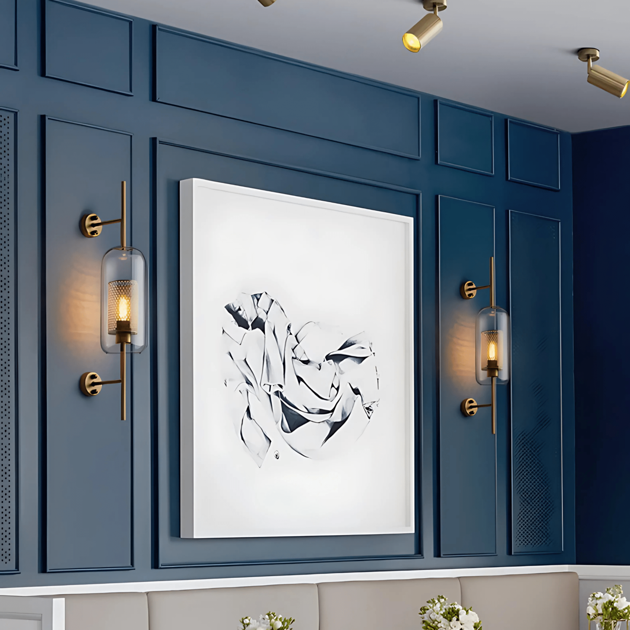 Alba Glass Wall Light - pair flanking framed art on a panelled wall