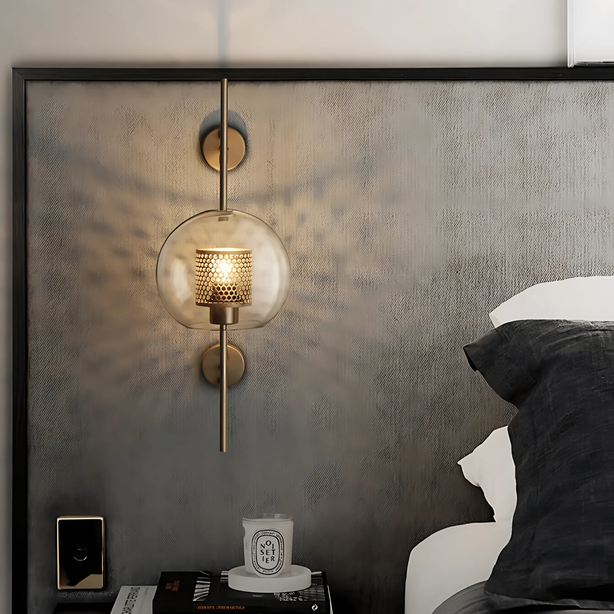 Alba Glass Wall Light - bronze globe styled above a bedside table