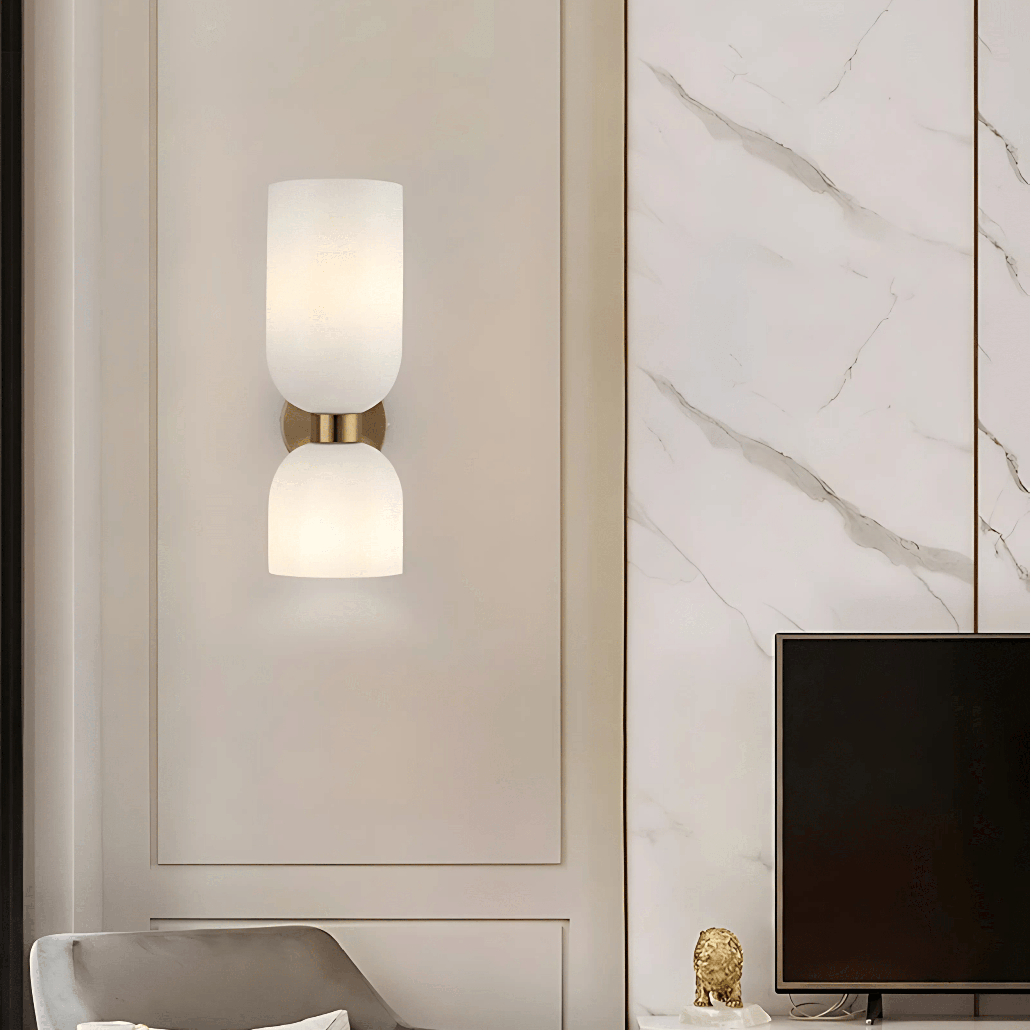 Milk White Duetto Glass Wall Sconce on a marble wall