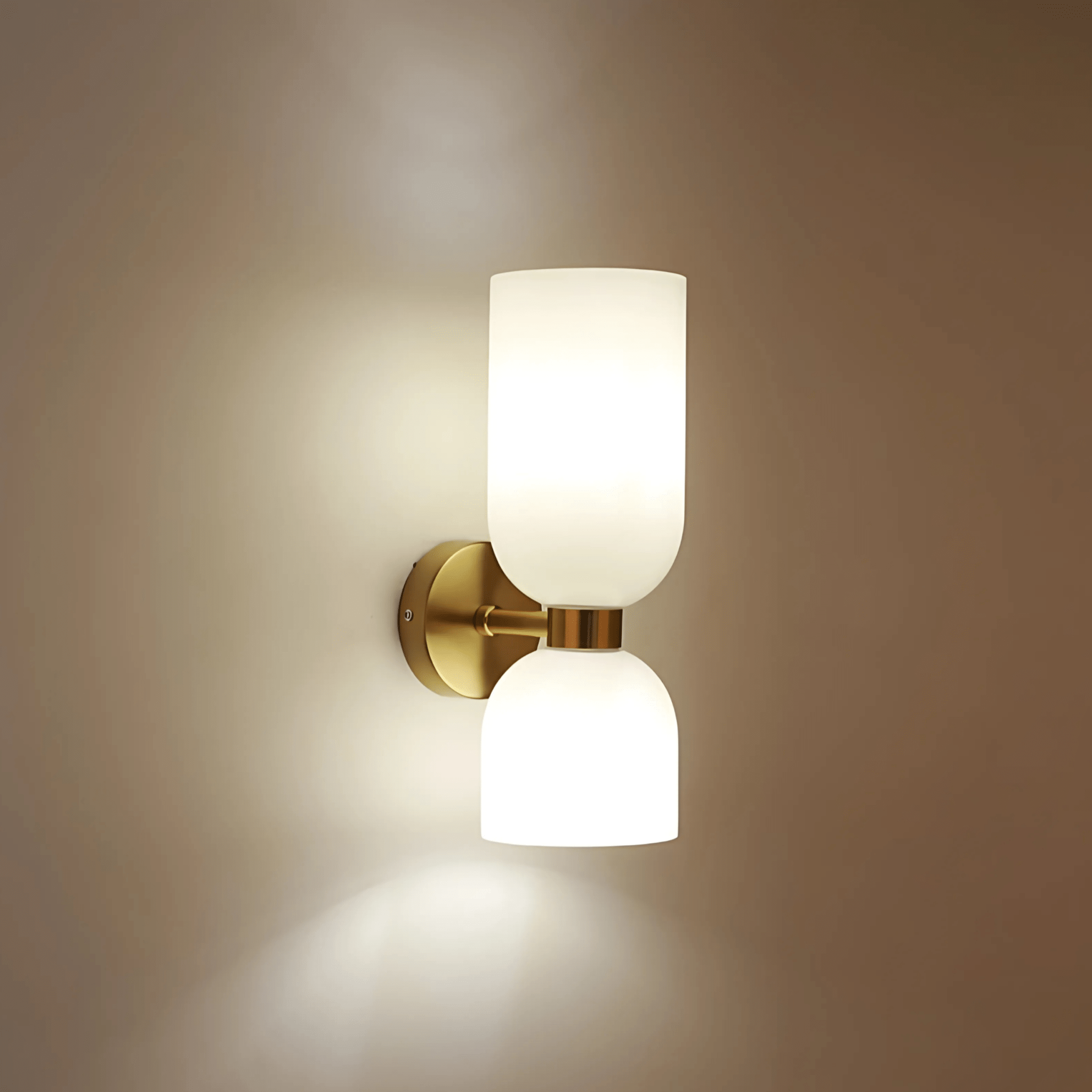 Close-up of the glowing glass shades of the Duetto Wall Sconce
