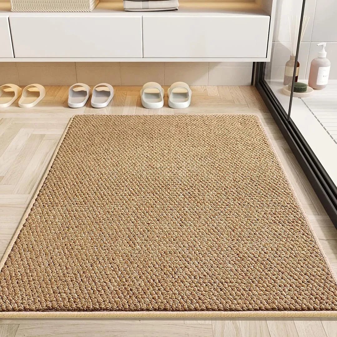 Coffee woven mat in a bright bathroom with slippers